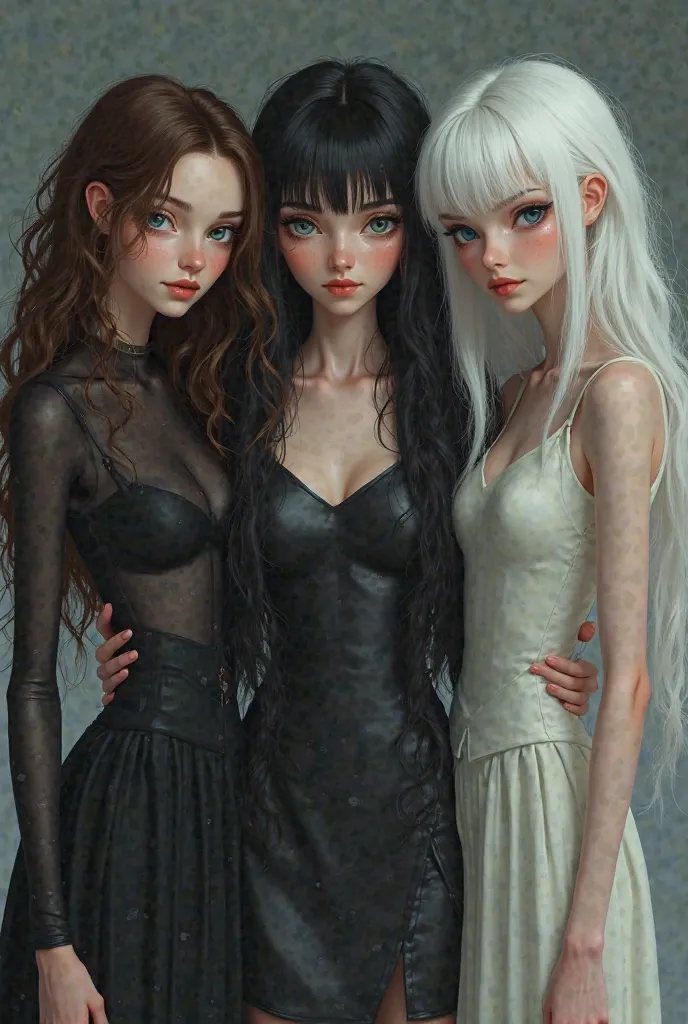 Do you make an image where there are three women, two of tall stature and one short., one of them a brunette with navy blue eyes with a sulky smile jet-black hair, The other two are tall with white tea, one with white hair with almost white gray eyes, with...