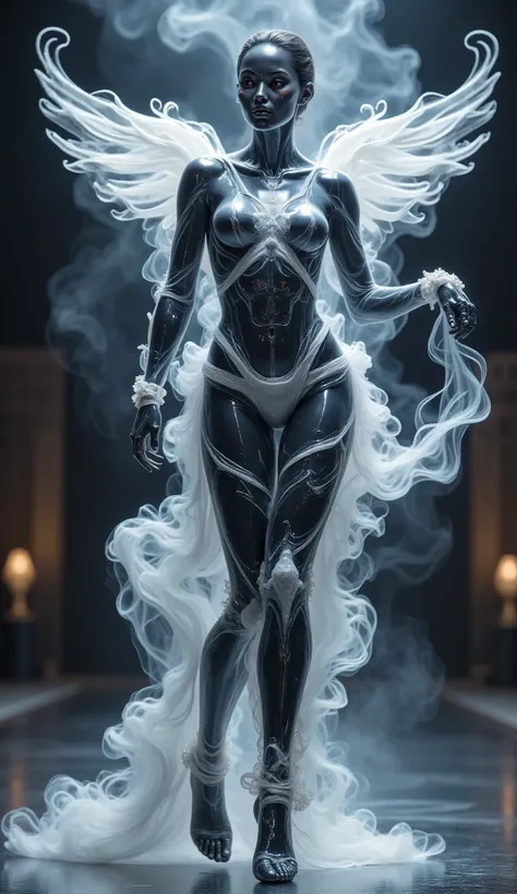 Design a live beating mecha model that is happy to dance,full body,Vision,Angel Face, devil figure,dance dynamic,Live beating mecha skeleton dancing happily in a poss,Chanel Fashion Week,Black and white fashion,exaggerated pearl jewelry,blue white tone fas...
