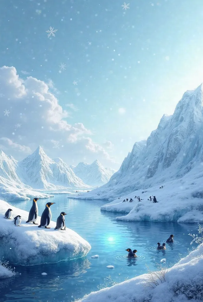 "A serene and enchanting polar landscape where soft snowflakes are falling gently from the sky. In the distance, sparkling icy mountains stretch across the horizon, covered in blankets of white snow. On the snow-covered rocks, a few adorable penguins stand...