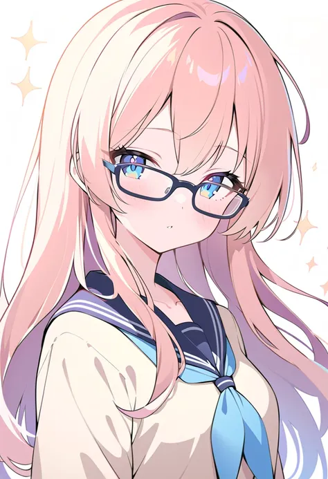 1 woman, 23 years old, milk tea-colored hair, long hair, sparkling light blue eyes, wearing glasses, wearing a Japanese school uniform. Dressed neatly