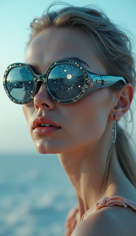 The model is wearing glass sunglasses with stars and the moon on the glass