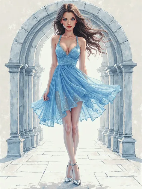 graphic pencil, clear drawing shading fine lines elegantly gracefully translucent elegant, very beautiful brunette girl with blue eyes seductive smile big bust in a blue dress patterned in silver tights, silver-heeled shoes against the background of round ...