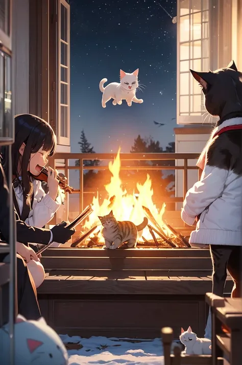 Many cats in suits happily playing the violin around the bonfire、winter、cartoon