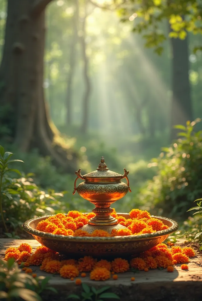 decorative brass pot over a shivling which is set in a bowl adorned with marigold flowers in the beautiful forest.