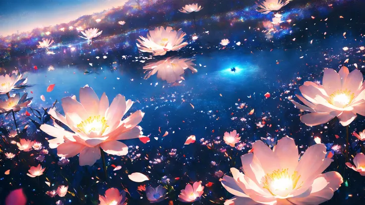 still, blue body of water with a singular strand of light piercing through the middle with a galaxy sky and flower petals flowing through the wind