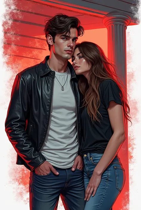 A semi-realistic digital drawing illustration with line art and touches of modern comics. Scene porch red 911 red watching the full side , Leaning on him Nicholas Leister with a confident and relaxed expression while his hands are in his pocket and looking...