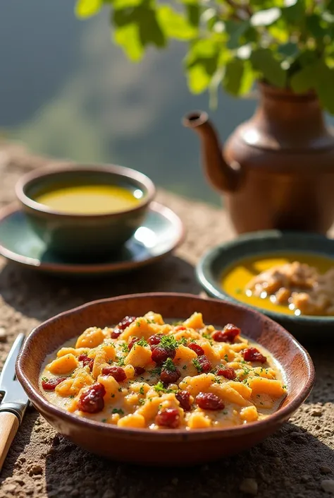 I want a picture of the Libyan mathrouda dish, which is a mixture of tandoor bread 
 Shredded and cut into small pieces with milk, butter and dates in a bowl. Next to this bowl is lamb meat in plates with yellow gravy. Next to them is a pot of green tea in...