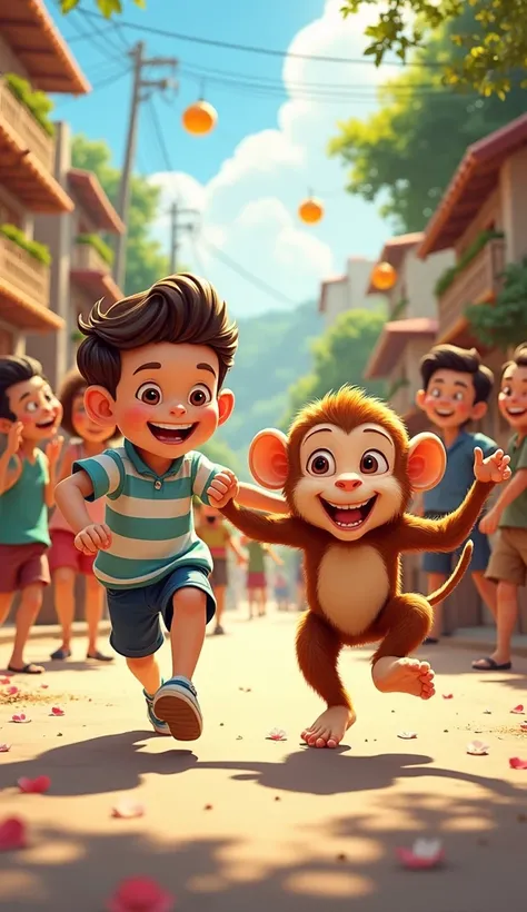 Summarize the lesson: Kindness and patience can turn even the most mischievous hearts into loving friends.
Show a happy scene of boy  monkey and the villagers playing together