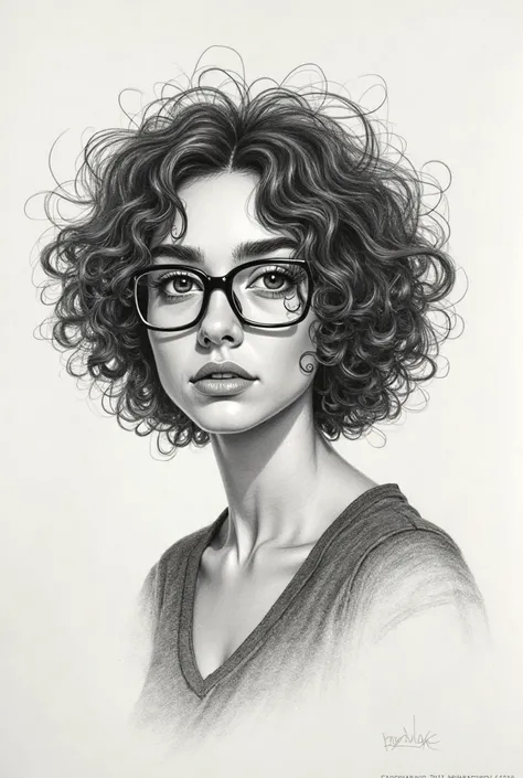 Generate an image of a self-portrait in the form of a drawing of a 28-year-old, with curly hair, a cross-eyed, wearing glasses and looking determined