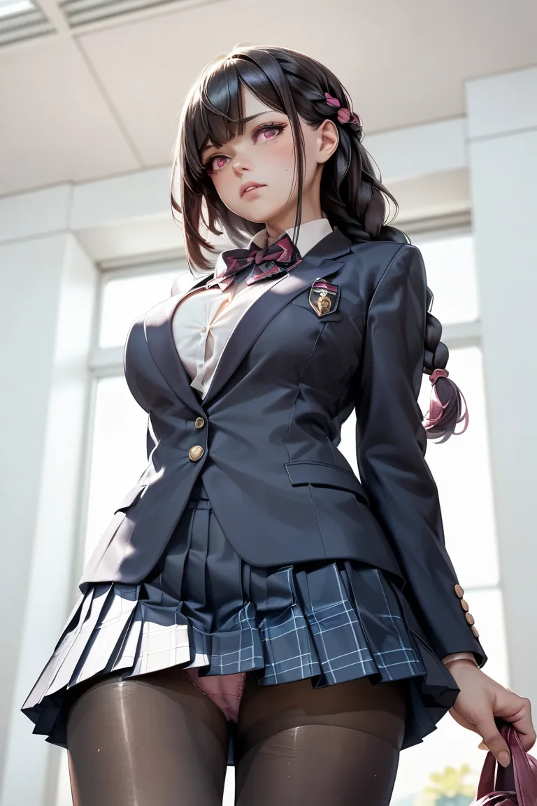 masterpiece, best quality, 1 girl, solo, large breasts, (looking away:1.2), pink eyes, long hair, bangs, black hair, braid hair, embarrassed, collared shirt, blazer, pleated skirt, school uniform, bow, black pantyhose, panties under black pantyhose, (from ...