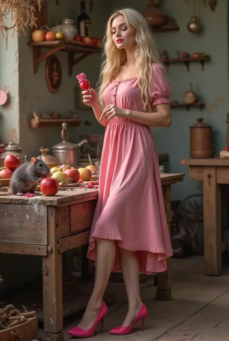 A Beautiful Real Looking Cocasion Woman, Ghotic make up,  Pale Skin,  Beautiful Blonde long lush hair,  stuning Pink sexy Dress ,Stepping on a Apple with her Stuning pink Shoes and squashing it to pieces, while eating her loly pop ,, Standing next to a Rus...