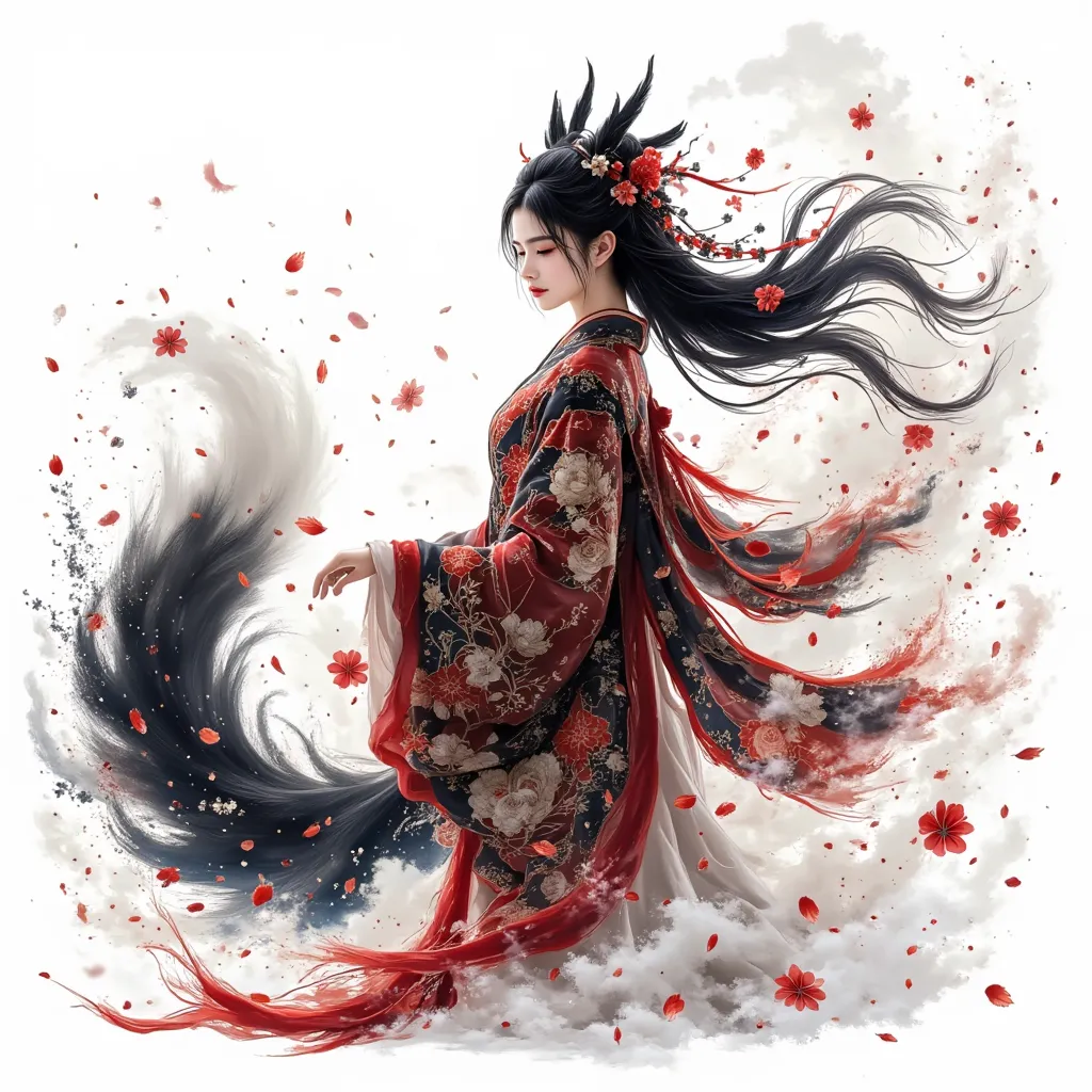 (Mythical Beast), Nine-tailed Fox, Dynamic body shape, (Chinese Monster),  Handsome, splashed Ink, Chinese, 1 Girl, ((full body), ((2.5D)),  flowing hair , beautiful eyes,  exquisite eyes ,  delicate silhouette ,  fantastic art , (black and red antique bro...