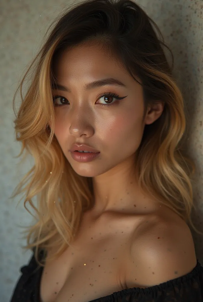 Create a course for a half-blonde, dark-skinned Asian woman with a naughty look at adult content