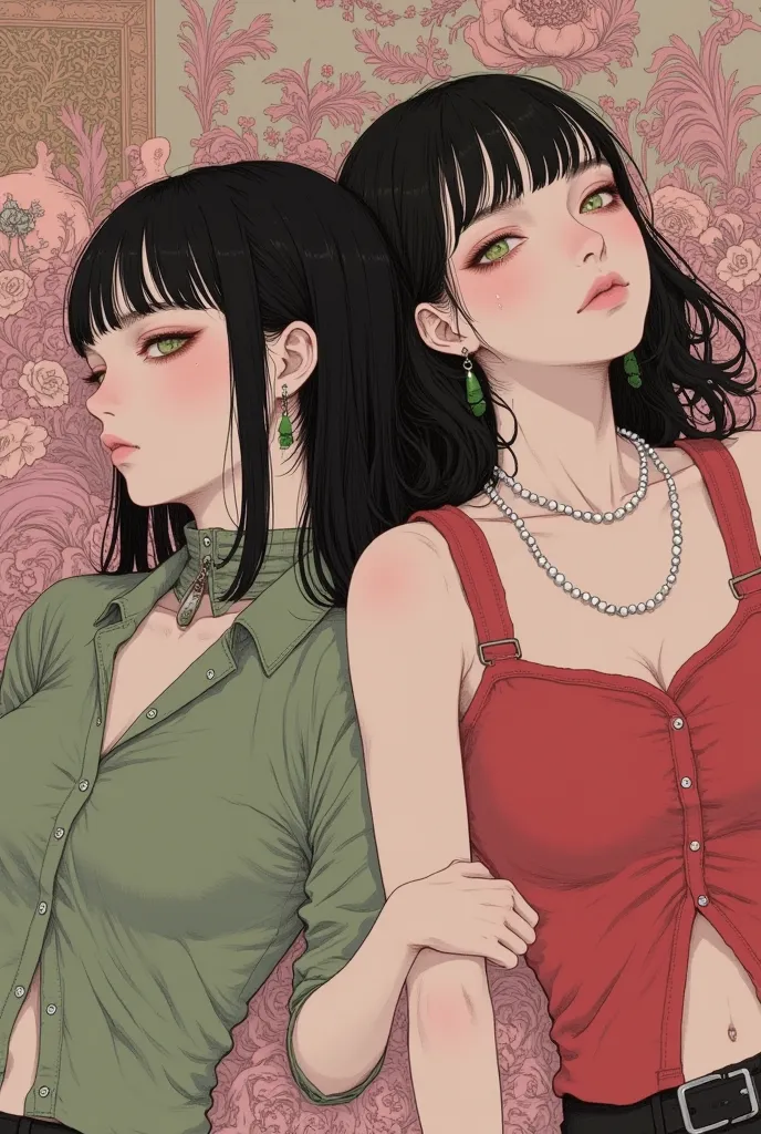 Share


2 women resting on their backs holding hands together looking straight up to the left 1m7 bangs split 7 3 shoulder straps green collar wearing pearl necklace red sweatheart collar person on the right hair 4 parts on top black 6 complaints on the bo...