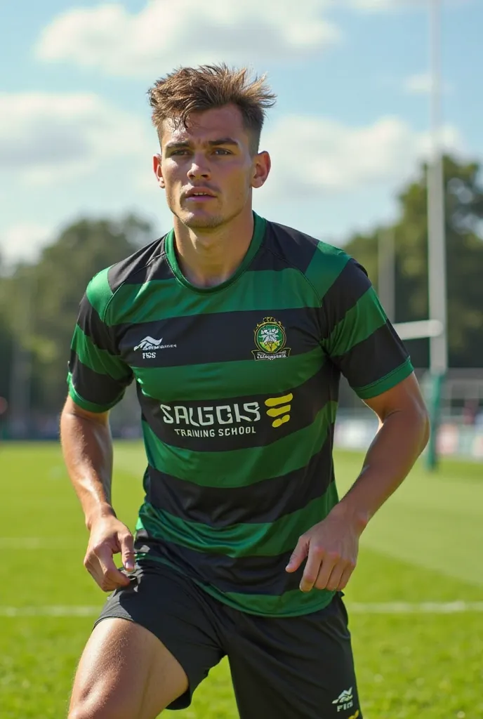 Image of ren playing rugby striped black and green uniform with letters that say: rugby training school 