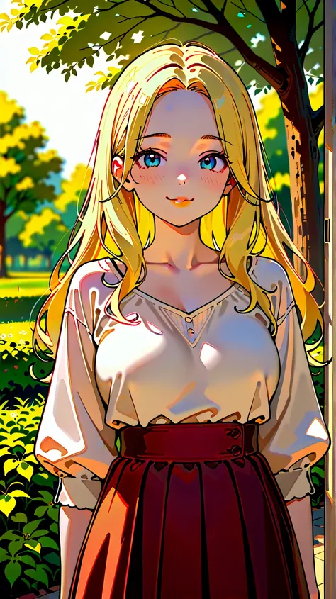  Long Hair That Grows to the Waist :1.3,  blue eyes, blond with a big face, Quality skin,  Modest Smile, Outdoor garden, Warm sunlight, blooming tree 々, Precise Details, 8k, realistic, professional, HDR,  highly saturated color , soft depth of field, Pocha...