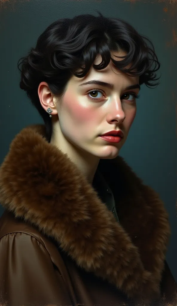 A classical oil painting of a 29-year-old woman with short, wavy dark hair, sharp yet melancholic eyes, and delicate, well-defined facial features. She wears a thick, dark brown fur coat draped over her shoulders, giving her an air of elegance and mystery....