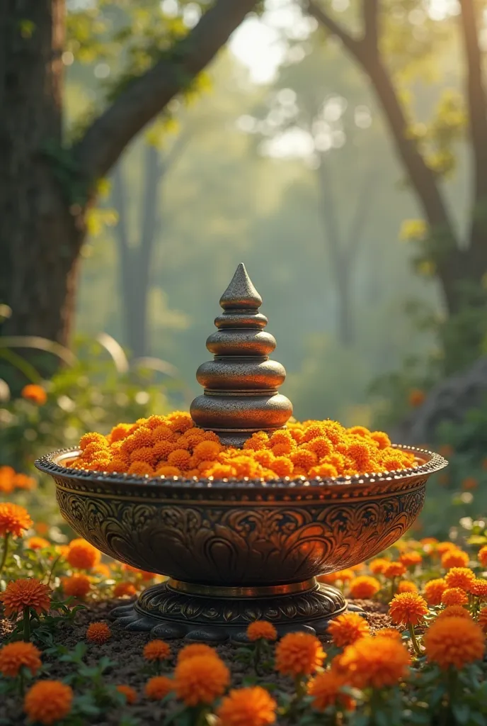  a shivling which is set in a bowl adorned with marigold flowers in the beautiful forest.