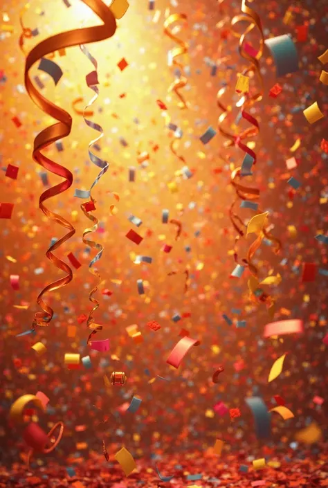 HYPER REALISTIC IMAGE OF CARNIVAL CONFETTI AND STREAMERS IN AN ORANGE ROOM