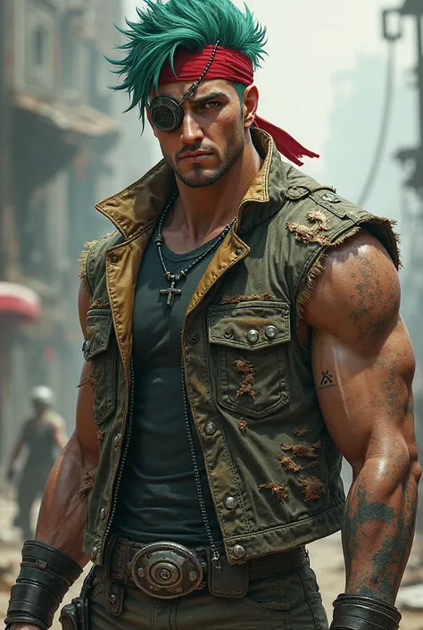 a male character with spiky greenish-blue hair, a red headband, and a confident, determined expression. has an eyepatch over his left eye with a metallic look. His outfit consists of a ripped sleeveless jacket over a dark top, giving him a rugged and adven...