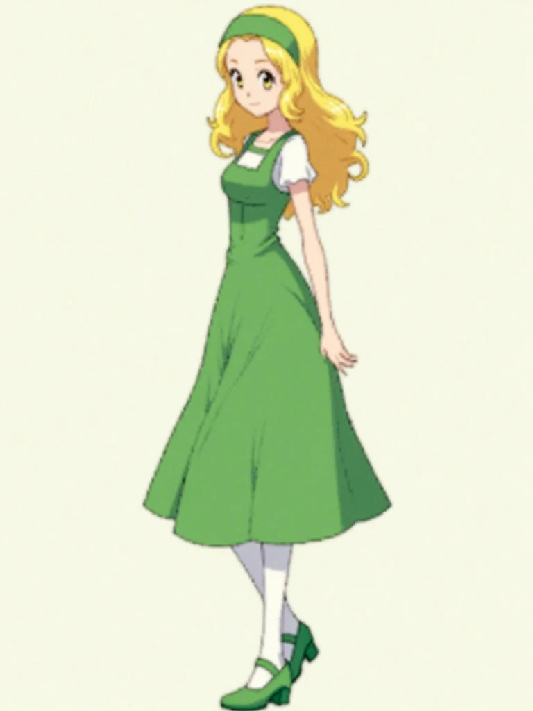 Daisy oak from pokemon, 1 woman, slim young woman, fair skin, long blonde hair, golden eyes, green head band. white short-sleeved blouse, very long green dress that almost reaches her shins, long white socks, and green shoes, anime style, full body, stand ...