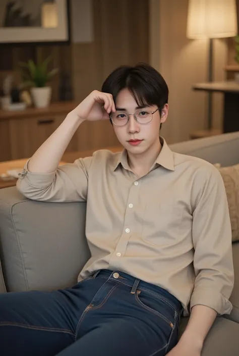  high quality , 4k, hdr) A handsome young Korean man , manly, 27 years old , with bangs , wearing a beige shirt and denim trousers,  sprawled on the living room sofa . (realistic,  very detailed) glasses