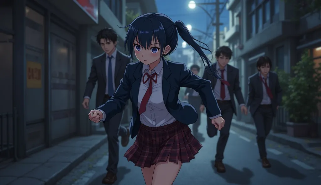 Aoi Takahashi a 16-year-old girl with long, dark blue hair tied in a loose side ponytail, She wears a slightly oversized navy-blue blazer over her uniform—a white blouse, a plaid skirt in navy blue and burgundy, and a red ribbon tie runs through the dark s...