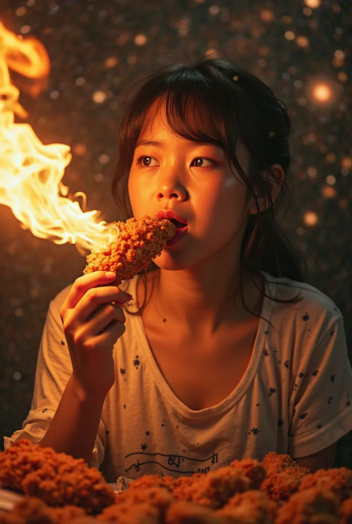 (masterpiece:1.2,Exceptional Quality,mirror-like,Cinematic Experience,Photorealistic:2.0,RAW Photos:2.0,Super detailed),8k,wallpaper, 
1 girl and spicy fried chicken, cute face, holding a half-eaten piece of fried chicken, breathing flames out of her mouth...