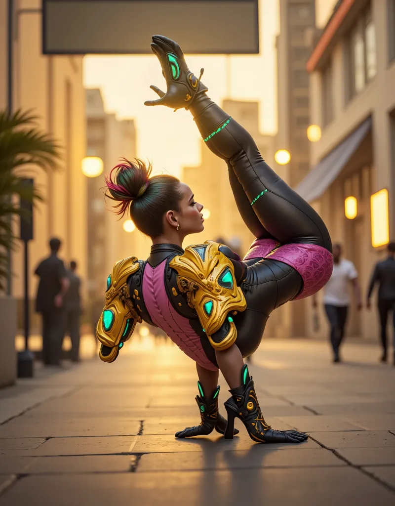 Dynamic capoeira poses a difficult somersault with one hand as support. Arrogant Brazilian Woman, Adorable ff7 Face & Rainbow Hair, Headset. combat pants & boots. Wearing light orange & white neon glowing carbon fiber armor with Javanese script patterns on...