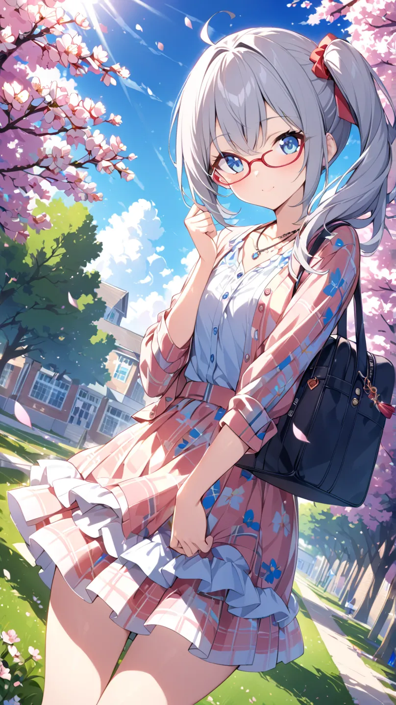 cherry blossoms、cherry blossoms吹雪、blue sky、sunlight filtering through the trees、 School Grounds 、School building、lawn、flower bed、1 girl,  blue eyes, Grey Hair, side ponytail、 red rimmed glasses、necklaces、 bag、Colorful casual clothes、How hair flutters in th...