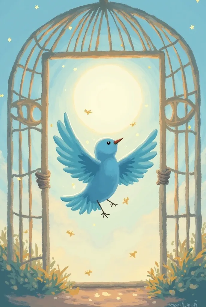 Create a super cute illustration of A light blue bird coming out of an open cage, Flying towards the sun, 