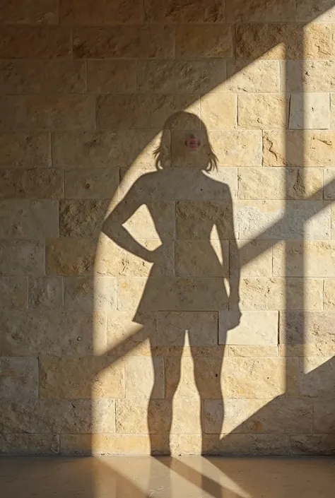 Shadow of a big-breasted woman in a microskirt reflected on a stone wall