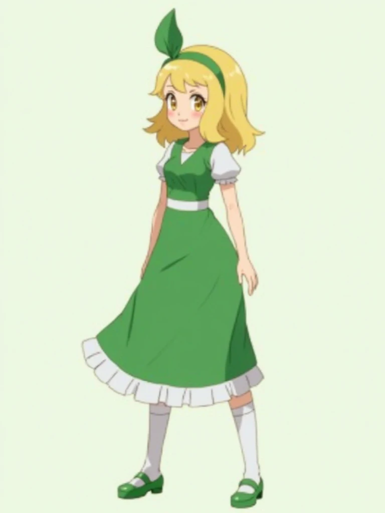 Daisy oak from pokemon, 1 woman, slim young woman, fair skin, long blonde hair, golden eyes, green head band. white short-sleeved blouse, very long green dress that almost reaches her shins, long white socks, and green shoes, anime style, full body, anime ...