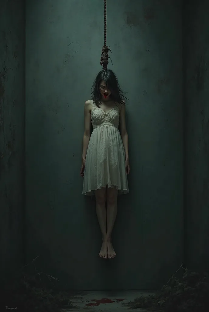 A picture of a woman hanging herself in a noose with blood coming out of her mouth