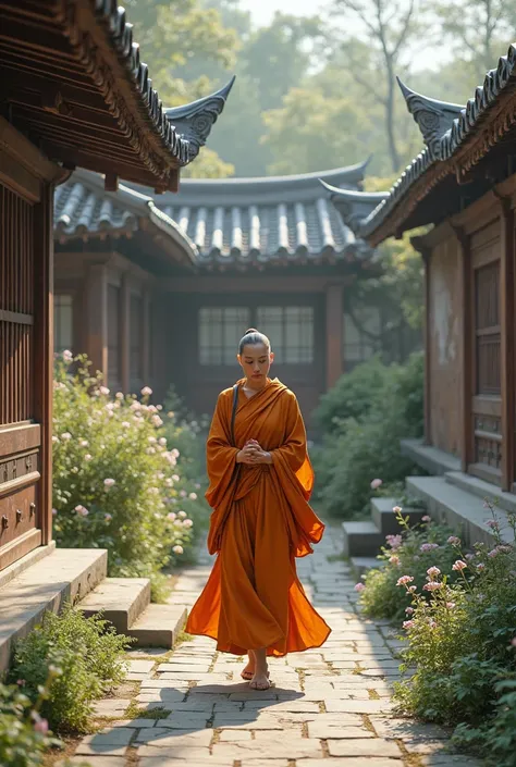 Buddhist Nun doing walking meditation in a monastery area 