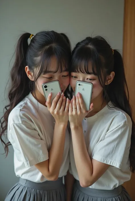 Two women、 Japanese、 about 20 years old、I'm hiding my face from the camera on my cell phone、1 person ponytail、1 person twin tail、white shirt、 gray pleated mini skirt、 dark hair、 real 、 photos、live-action、realistic,hyper detailed,high quality,