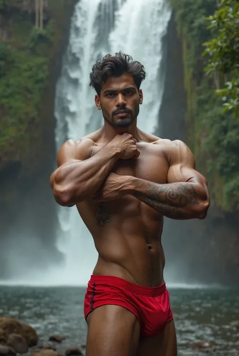 A sri lankan handsome shirtless guy stretching hand to show his armpit wearing a red underwear, tattoo on thigh is standing by a waterfall 