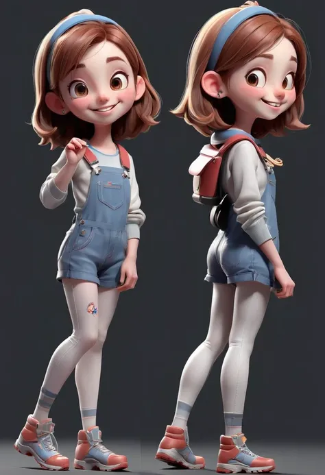 Two head height ratio，one Q version standing girl，full body，3d，character design， happy and happy ，Girl standing with camera sense，High degree of completion，full body，Multiple angles，  front view，Right side view ，  left side view  ，rear view，Multi-dynamic，M...