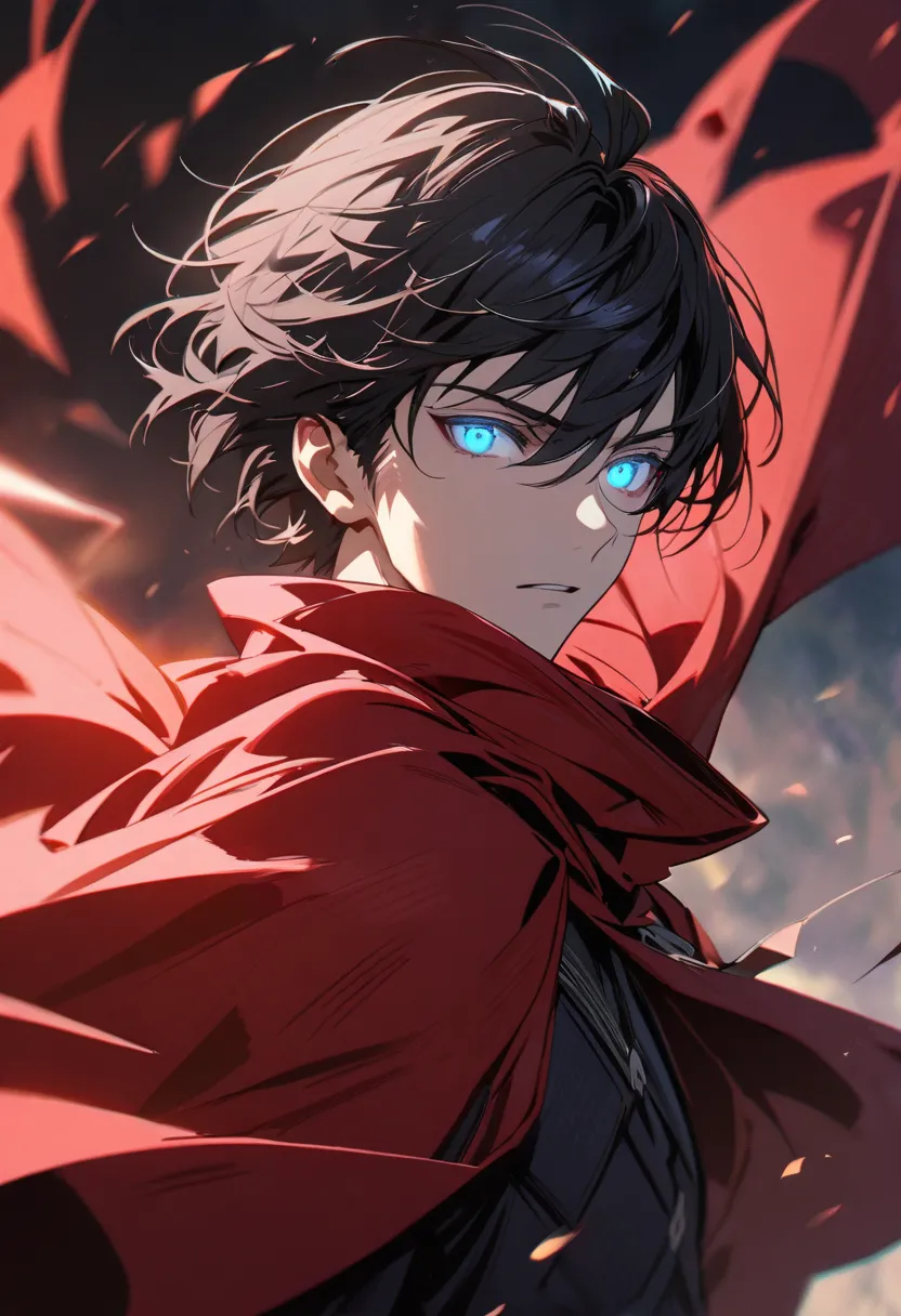 male, solo, handsome, beautiful eyes, blue eyes, red cloak, black hair, short hair, wind, hair fluttering, glowing eyes, stoic face, nice background, beautiful color, high detail