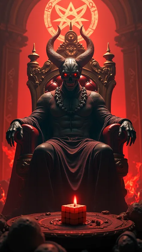 Picture of a throne with a skull and a candle,  Hell Sitting on a Throne , Devil's Shrine , King of Hell, 8k advanced detailed  ❤🔥 🔥 💀 🤖 🚀,  Terrifying Satanic Rituals , the King of Hell,  Wearing a Crown of a Skull , Arthur Pang,  There is a Rubik's cube ...