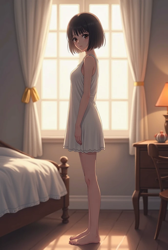 no hat, red footwear, brown eyes, black pupils, dark hair, solo, indoors, curtains, dress, standing, long legs, window, sfw, 1girls, original, short hair, black_hair, legs, light, lamp, bed, nightgown, window_shade, bed sheet, short sleeves