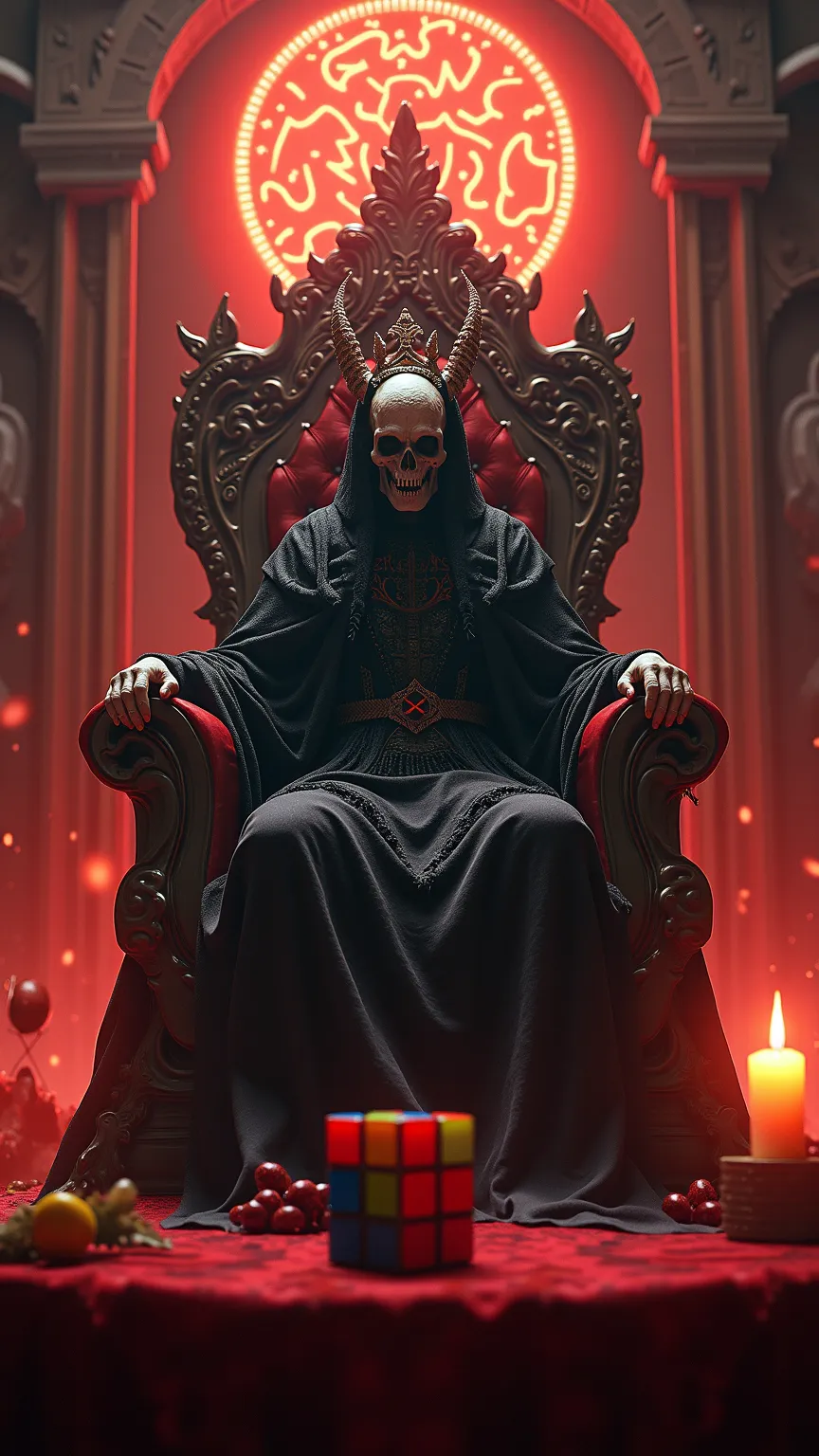 Picture of a throne with a skull and a candle,  Hell Sitting on a Throne , Devil's Shrine , King of Hell, 8k advanced detailed  ❤🔥 🔥 💀 🤖 🚀,  Terrifying Satanic Rituals , the King of Hell,  Wearing a Crown of a Skull , Arthur Pang,  There is a Rubik's cube ...