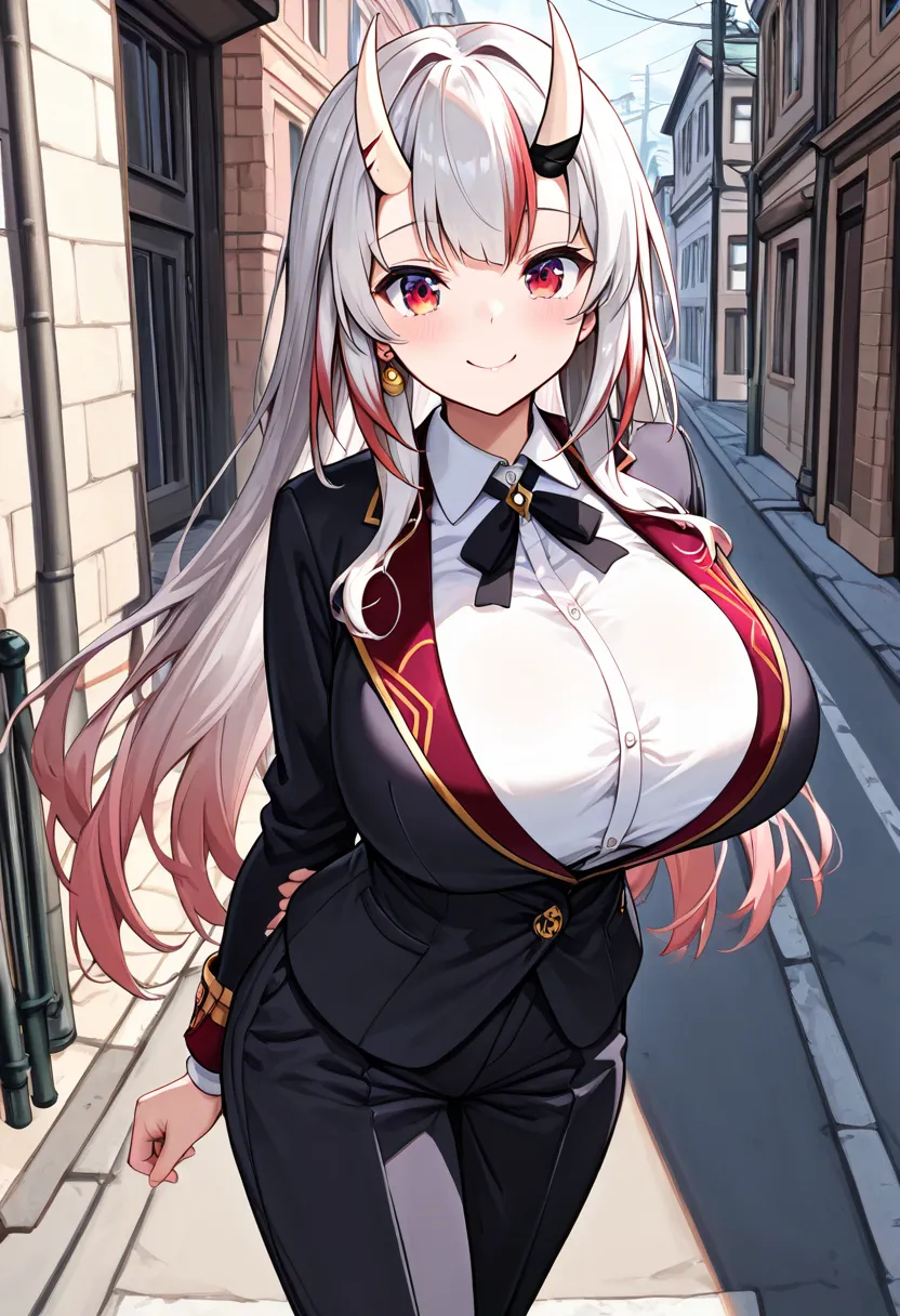 (Highest quality , 8k , masterpiece , incredibly absurdres , perfect body , super detailed skin , highly detailed eyes and face , 1 woman ) ,  nakiri ayame , Silver Hair , red eyes , demon horn , smile ,  will be happy , ( velvet blazer , dress shirt , Tai...