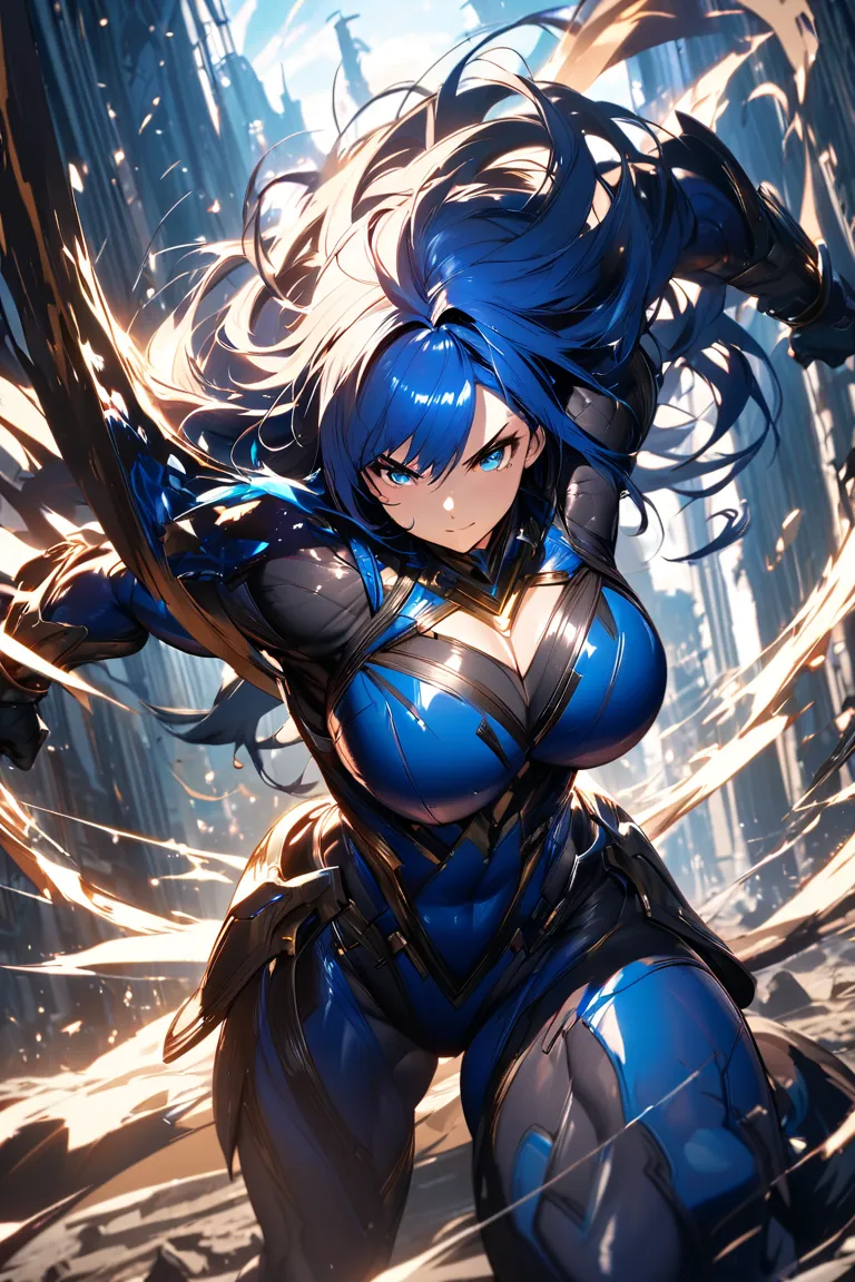 shortcuts, Blue Hair/light blue hair, big breasts, bodysuit、battle、
textured skin, Highest quality, 