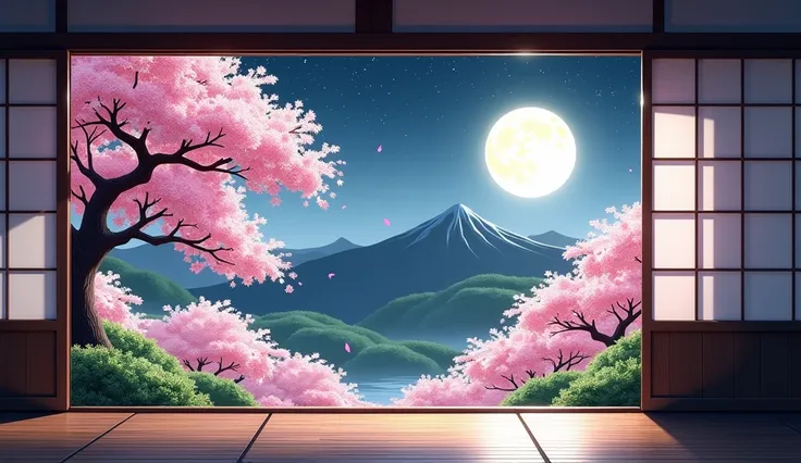 A realistic 16:9 shot of the exterior as seen from a Japanese-style room with dancing cherry blossoms in spring. However, the interior itself is not captured. Japanese landscape. The full-bloomed cherry blossoms naturally blooming on the branches of cherry...