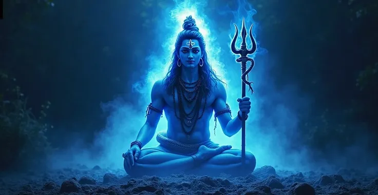 "A hyper-realistic scene of a mystical blue flame slowly emerging from the darkness, revealing Lord Shiva’s divine face glowing with an ethereal, serene light. The blue flame flickers and dances around him. His trident stands tall beside him, and a serpent...