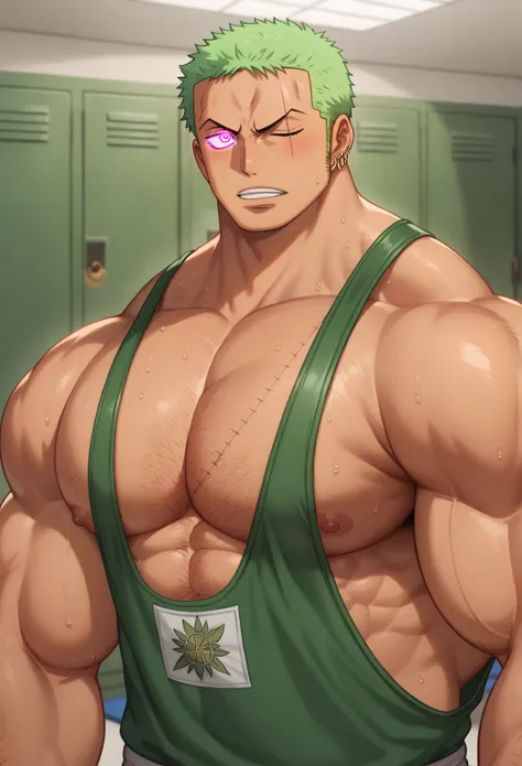 Roronoa Zoro, tanned skin, buzz cut, wrestling singlet, muscular, muscles, big biceps, broad shoulders, massive pecs, sweaty, hairy chest, glowing golden spiral in the eyes, blank expression, vacant stare, hypnotized, brainwashed, focused, High Resolution,...