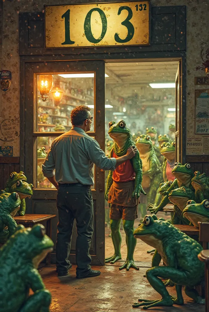 A man stands in front of the large door of '103' restaurant, gripping the neck of their frog-like manager and reprimanding her harshly. The restaurant's customers, who have frog-like bodies but human facial features, appear terrified. Some remain frozen in...