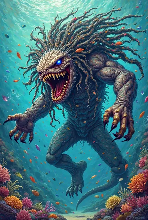 Create a sea monster, with a man's face, , big claws, with big claws, dreadlocks hair and marine animals on them, it must be a cartoon image, bright and colorful