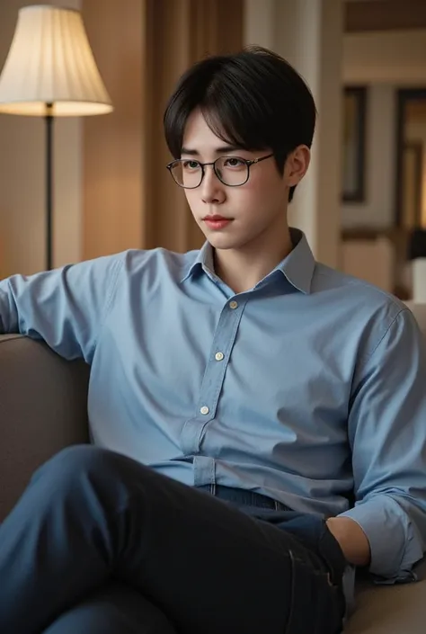  high quality , 4k, hdr) A handsome young Korean man , manly, 27 years old , with bangs , wearing a blue shirt and denim trousers,  sprawled on the living room sofa . (realistic,  very detailed) glasses